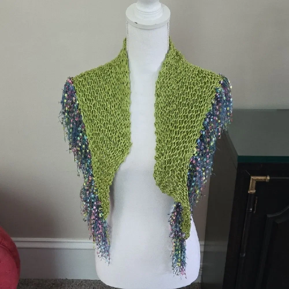 Elegant Green and Multicolor Fringe Scarf